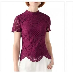 Ultra Pink Magenta Blouse; Crochet Lace Short Sleeve Mock Neck Scalloped Hem